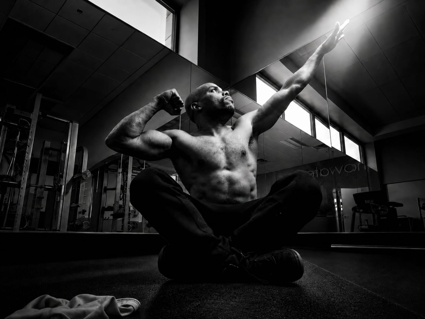 Eldridge Shannon III, NFPT-certified personal trainer, mid-training in black and white